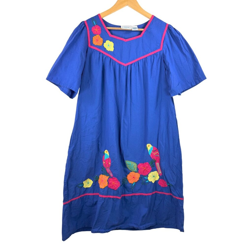 VTG National floral bird embroidered tropical midi dress‎ blue 90s sz M